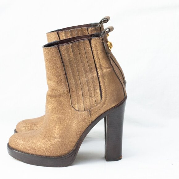 Tory Burch Gold Bronze Chelsea Ankle Boots Logo Monogram Block Platform Heel 5 - Picture 1 of 10